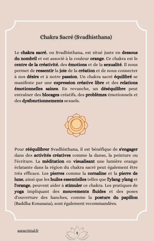 Extrait du Guide des Chakras présentant le Chakra Sacré (Svadhisthana), centre de la créativité, de la vitalité et des émotions, e-book Aura Cristal.