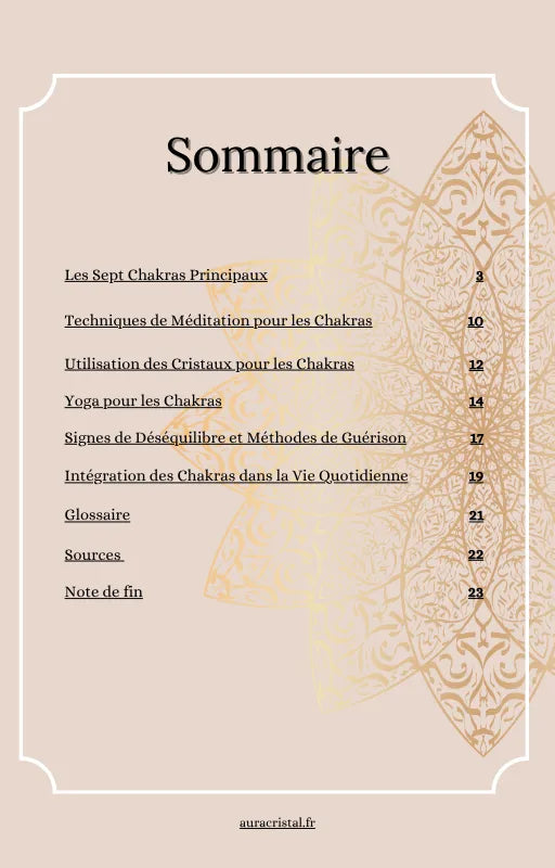 Sommaire du Guide Illustré des Chakras, e-book, par Aura Cristal.