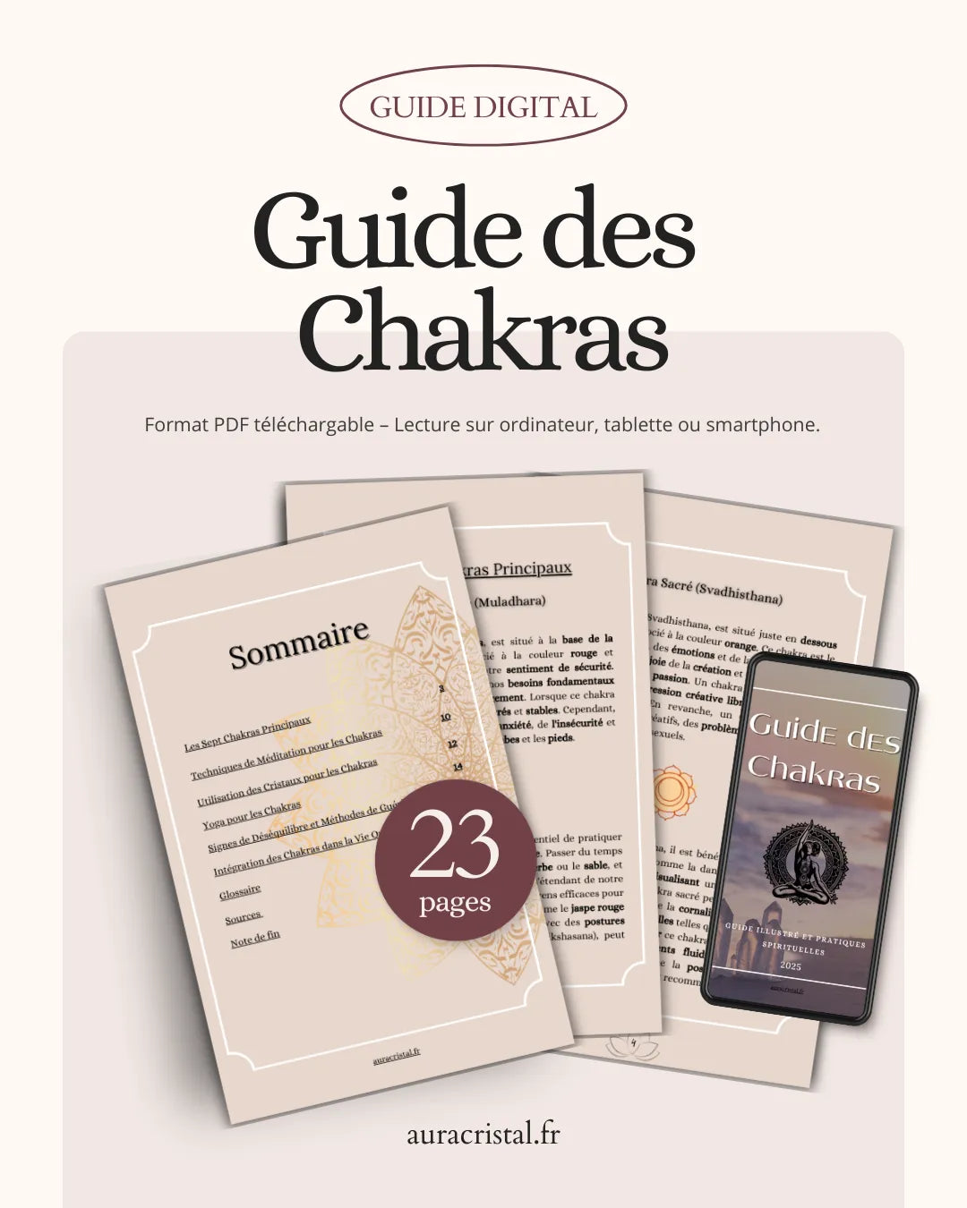 Couverture du Guide Illustré des Chakras par Aura Cristal, e-book de 23 pages pour équilibrer ses énergies, comprendre les chakras et harmoniser sa vie, version numérique illustrée.