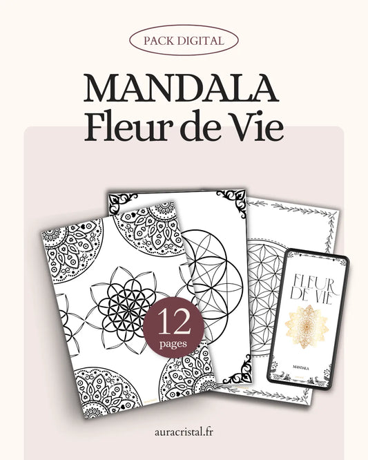 Mandala Fleur de Vie à imprimer – fichier digital de 12 pages – outil spirituel de recentrage et d’harmonisation énergétique – Aura Cristal