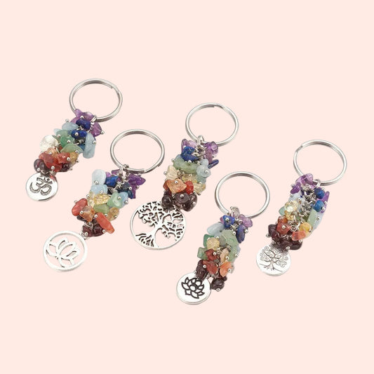 Ensemble de porte-clés 7 Chakras en pierres naturelles – symboles spirituels (Om, Lotus, Arbre de Vie, Fleur sacrée, Spirale) – accessoires énergétiques pour l’harmonie et l’équilibre des énergies – Aura Cristal