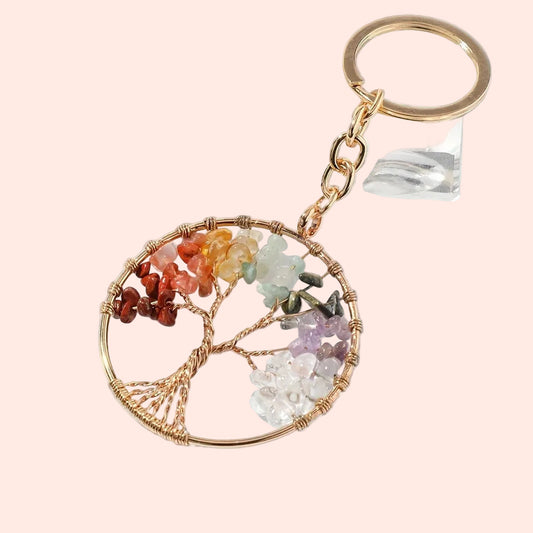 Porte-clés Arbre de Vie doré vu de face – bijou énergétique évoquant la force et la lumière intérieure – Aura Cristal