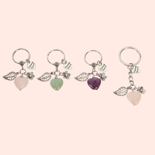 Ensemble de porte-clés cœur en pierres naturelles – quartz rose, améthyste, aventurine – symboles d’amour, de paix et d’harmonie – Aura Cristal