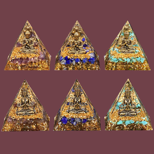 Ensemble de pyramides spirituelles avec statuettes Bouddha et Shiva – pierres naturelles améthyste, lapis lazuli et turquoise – base dorée – Aura Cristal